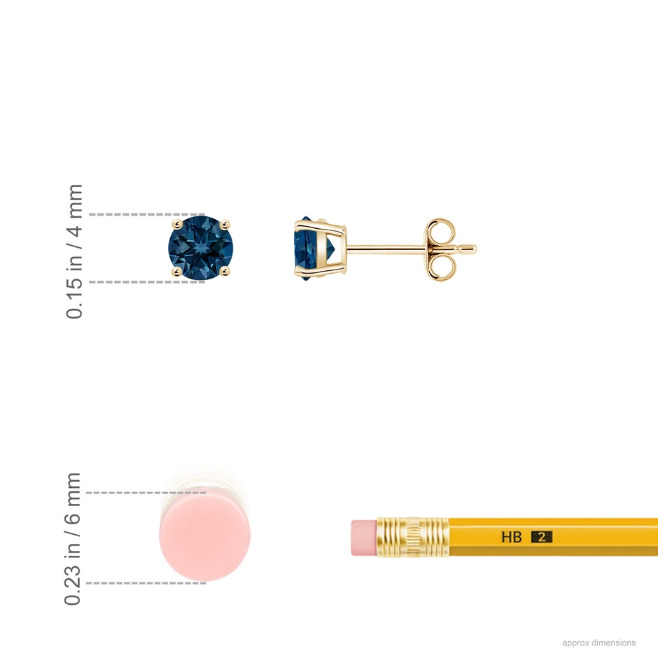 4mm AAAA Basket-Set Round London Blue Topaz Studs in Yellow Gold ruler