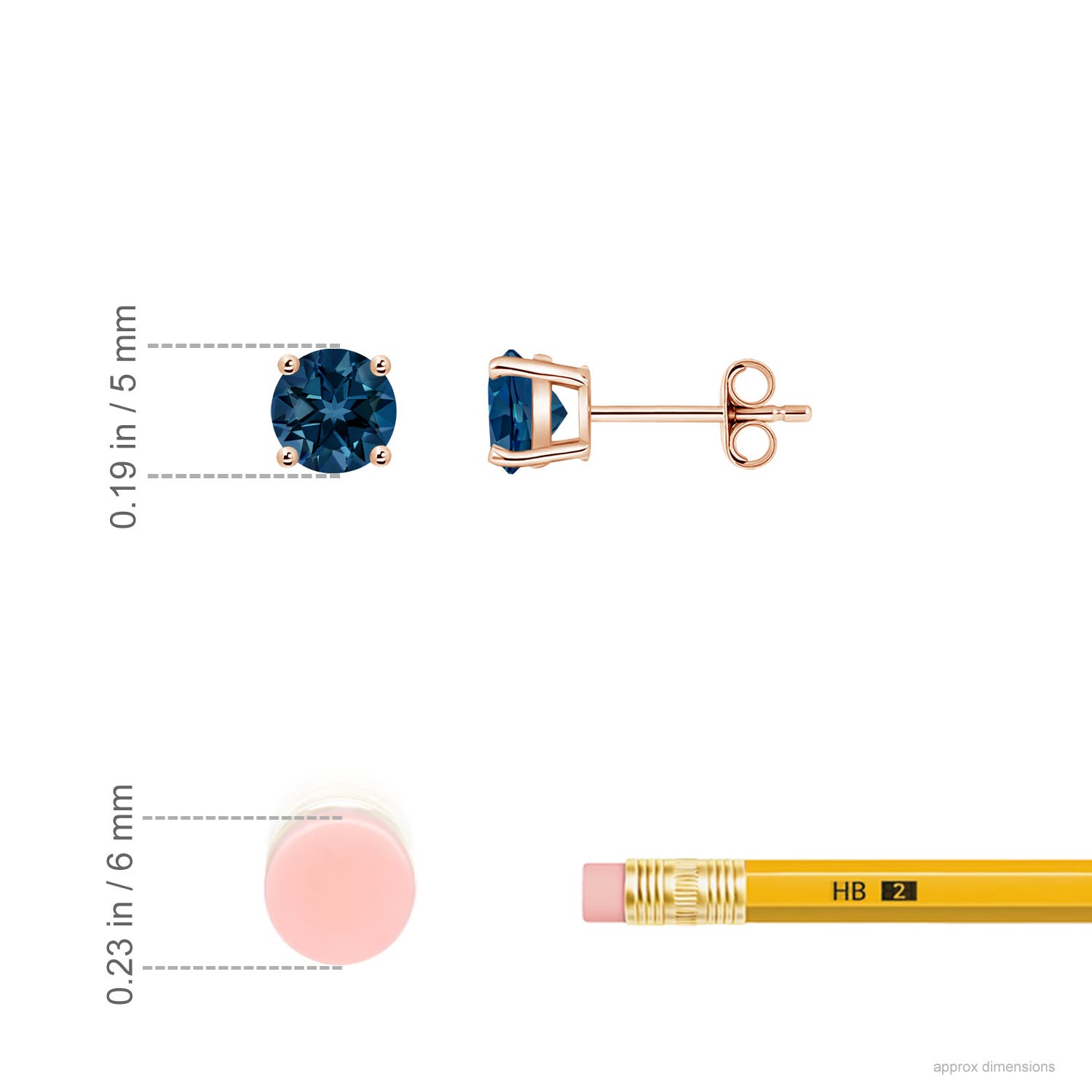 5mm AAAA Basket-Set Round London Blue Topaz Studs in Rose Gold - ruler