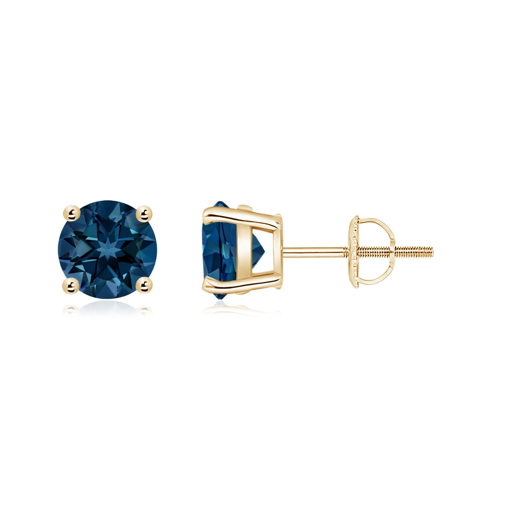 6mm AAAA Basket-Set Round London Blue Topaz Studs in Yellow Gold
