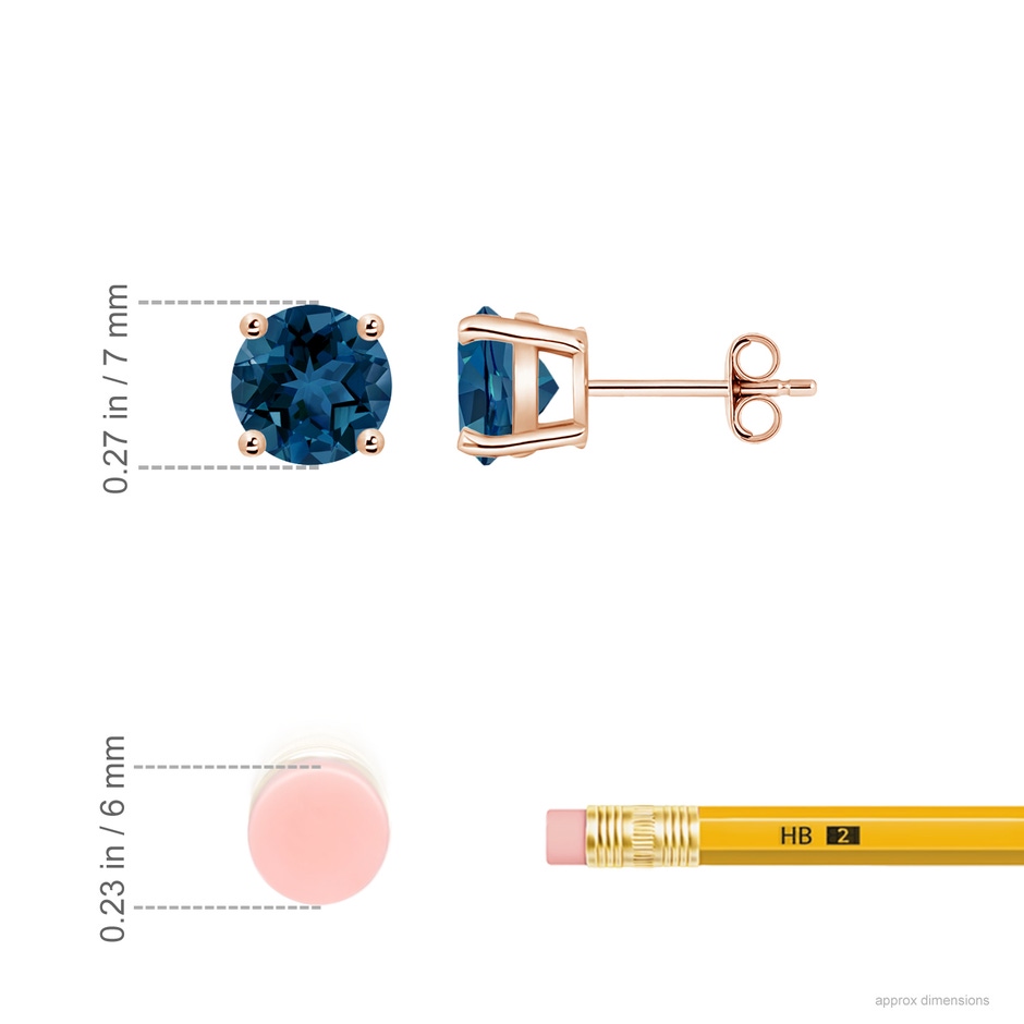 7mm AAA Basket-Set Round London Blue Topaz Studs in 18K Rose Gold ruler