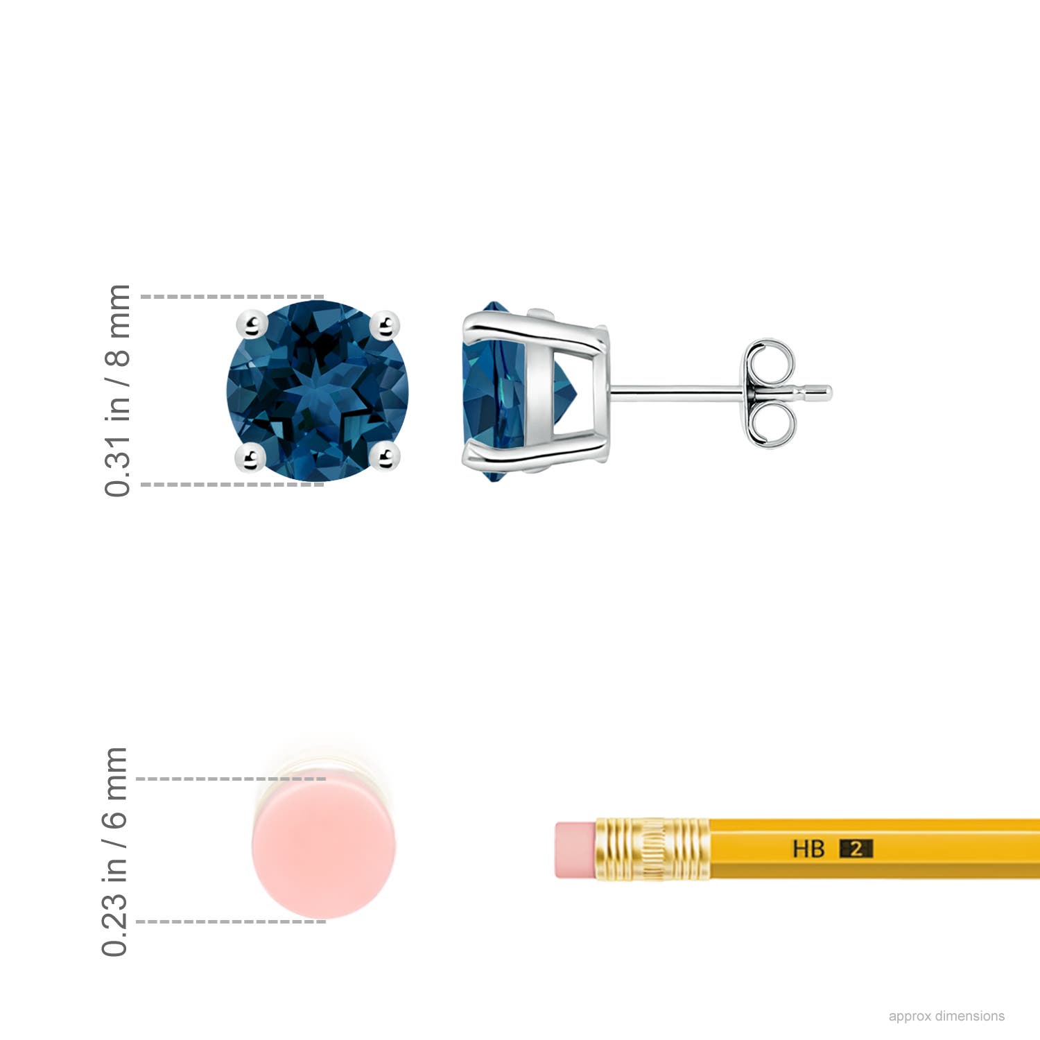 8mm AAA Basket-Set Round London Blue Topaz Studs in 18K White Gold - ruler