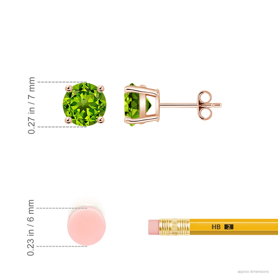 7mm AAAA Basket-Set Round Peridot Studs in Rose Gold ruler