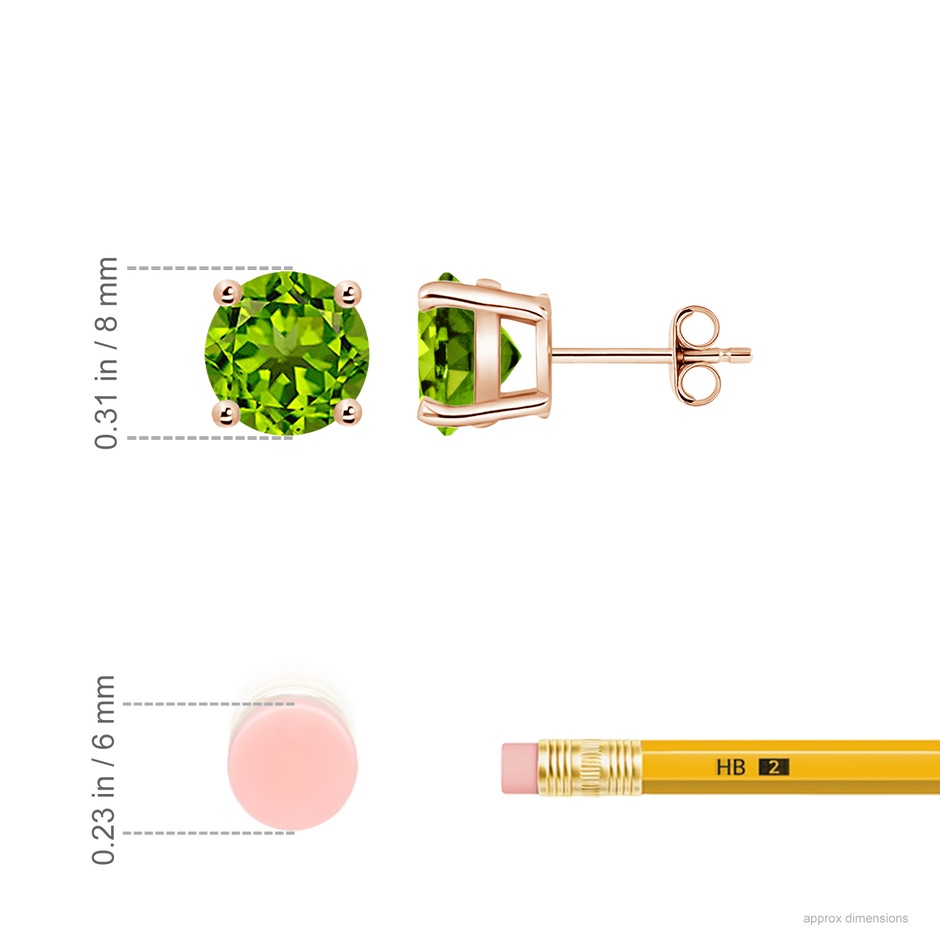 8mm AAAA Basket-Set Round Peridot Studs in Rose Gold ruler