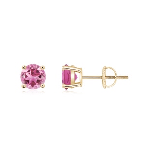 5mm AAA Basket-Set Round Pink Tourmaline Studs in Yellow Gold