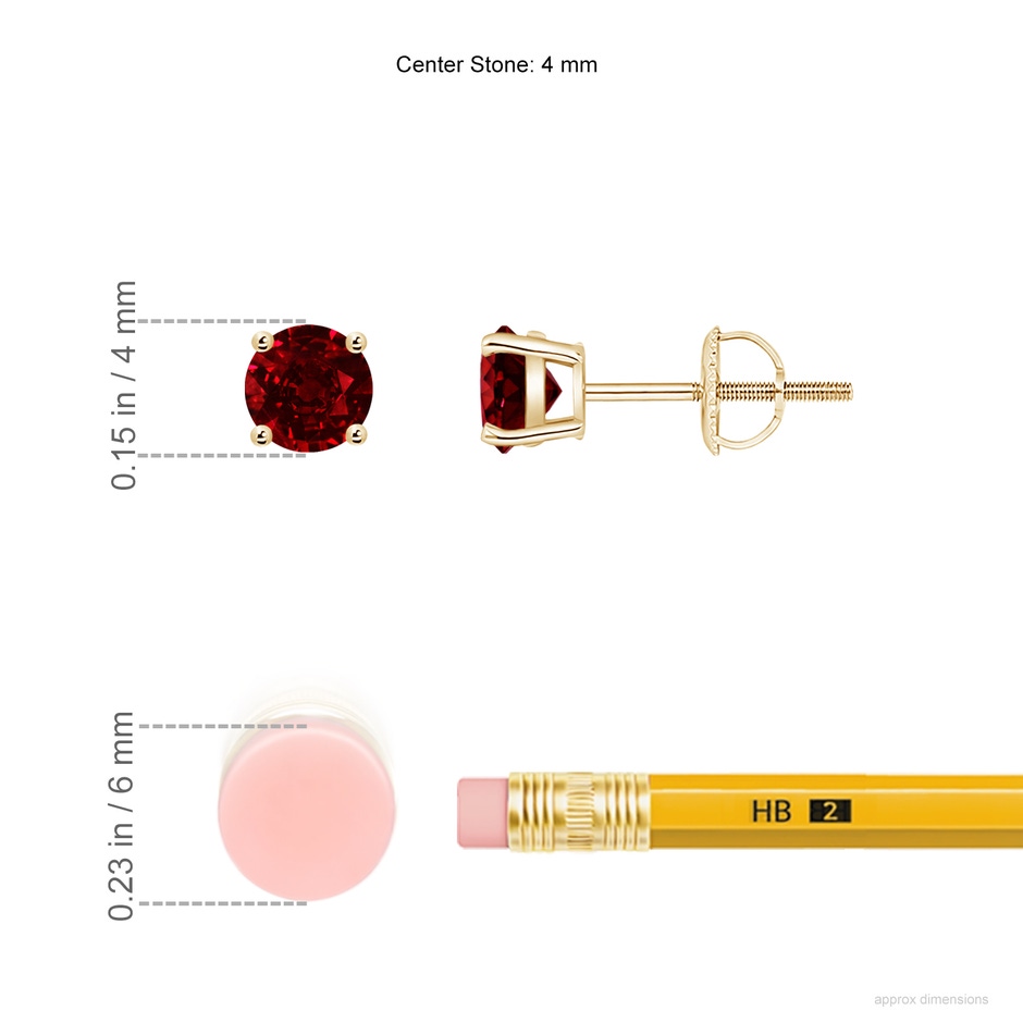 4mm AAAA Basket-Set Round Ruby Studs in Yellow Gold ruler