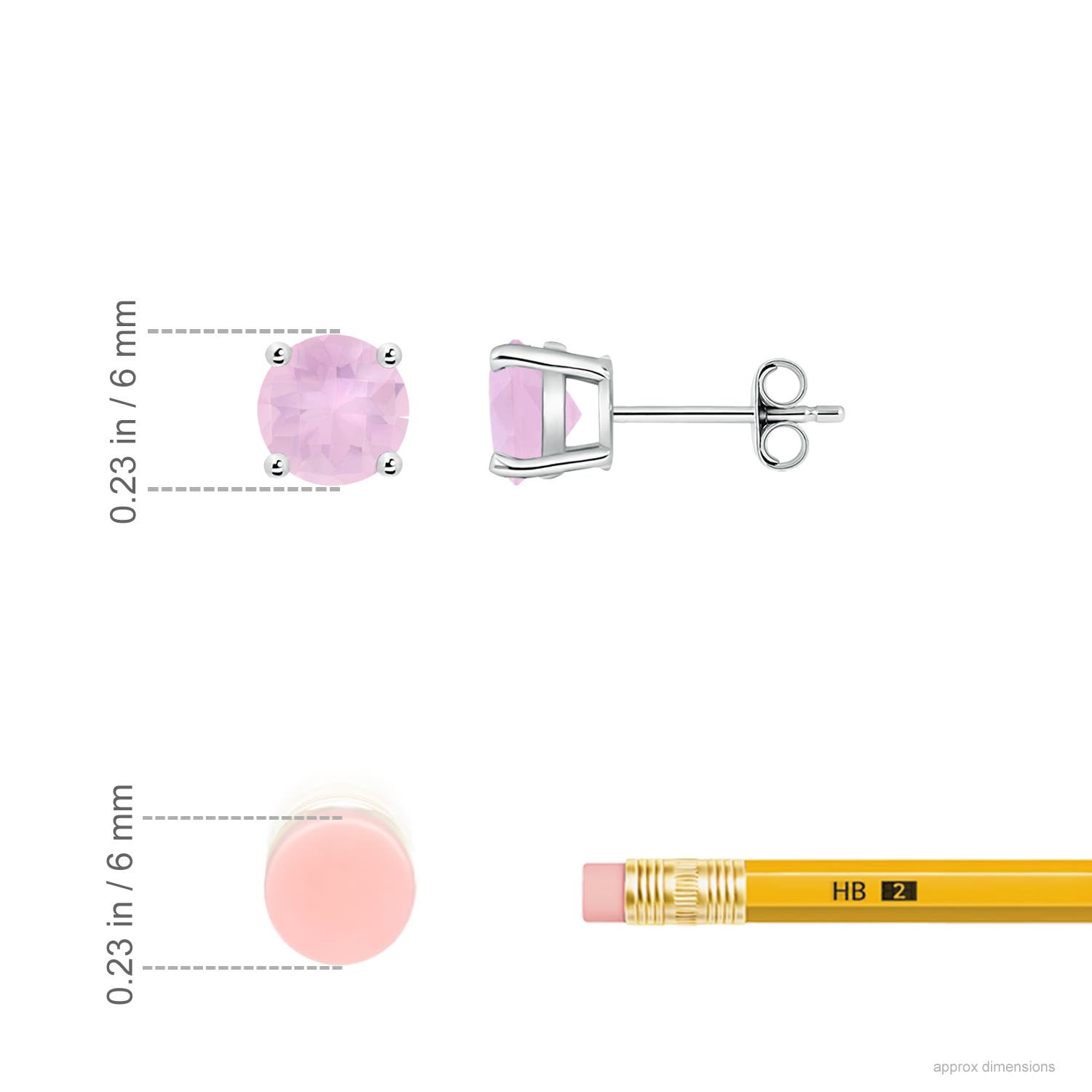 6mm AAAA Basket-Set Round Rose Quartz Studs in 18K White Gold - ruler