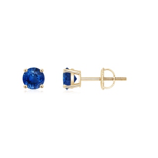 4mm AAA Basket-Set Round Blue Sapphire Studs in Yellow Gold