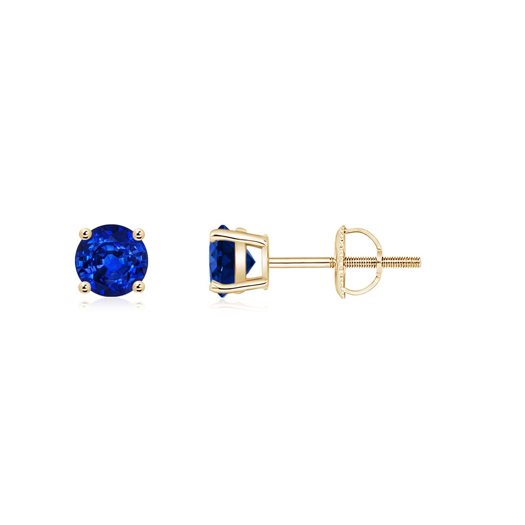 4mm AAAA Basket-Set Round Blue Sapphire Studs in Yellow Gold