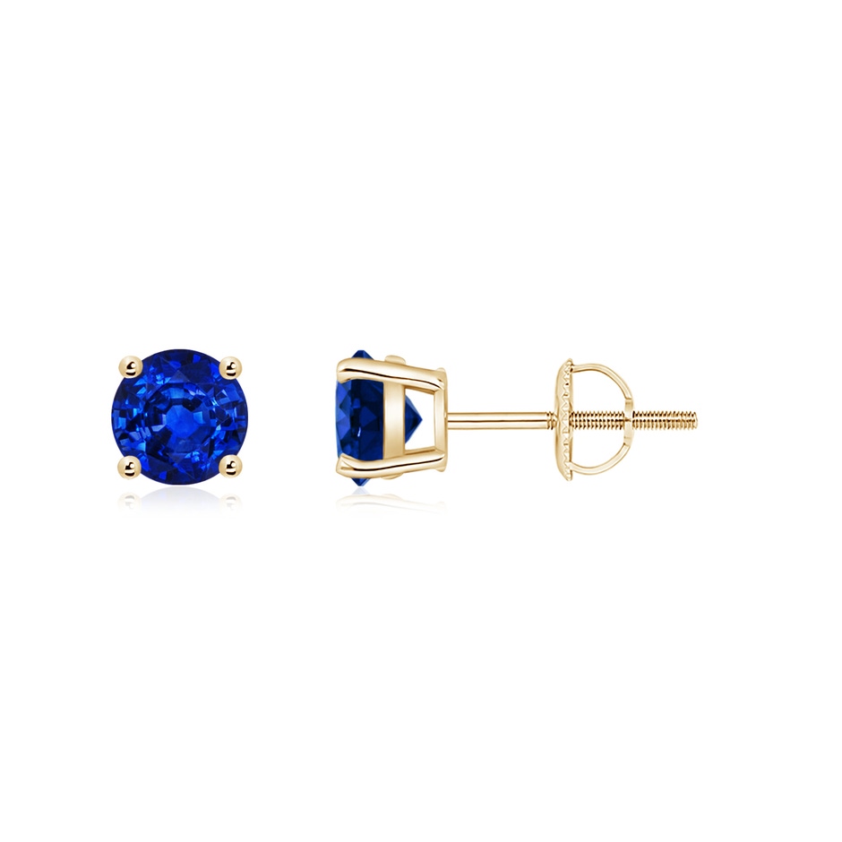 5mm AAAA Basket-Set Round Blue Sapphire Studs in Yellow Gold 