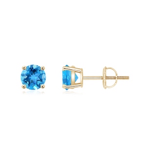 5mm AAA Basket-Set Round Swiss Blue Topaz Studs in Yellow Gold