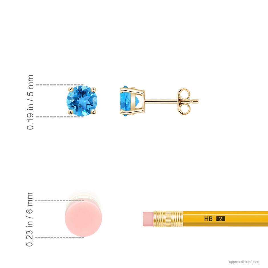 5mm AAA Basket-Set Round Swiss Blue Topaz Studs in Yellow Gold ruler