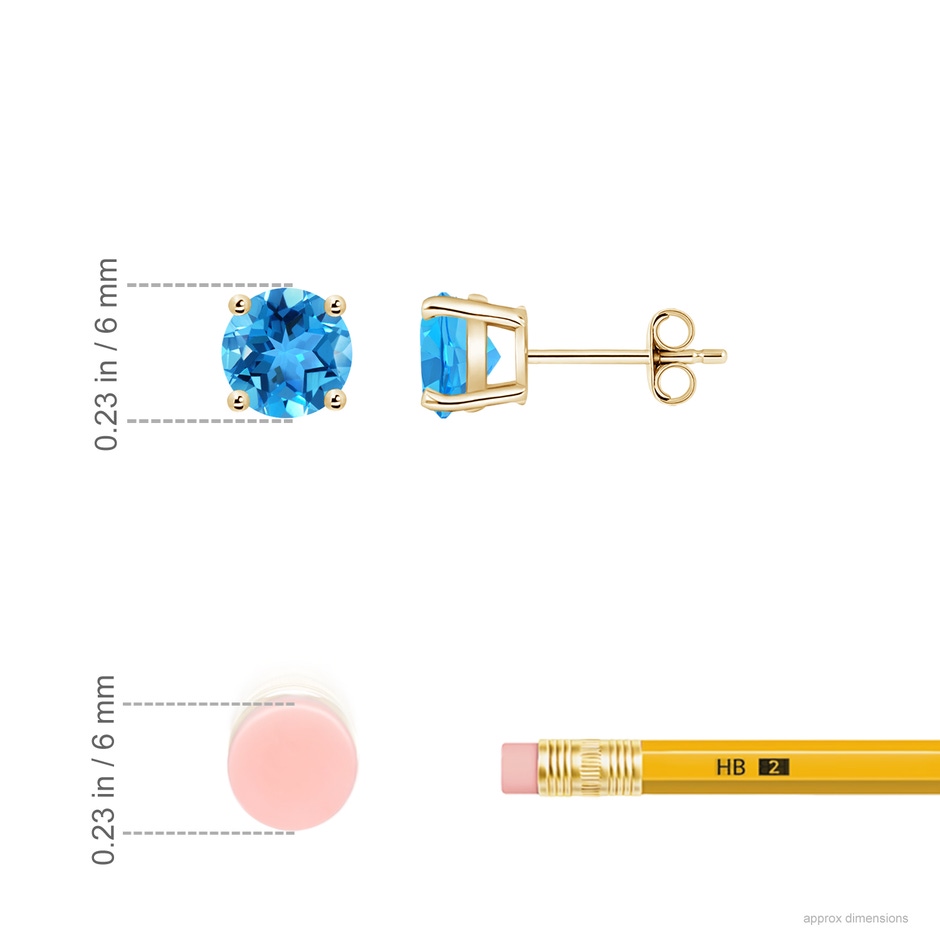 6mm AAA Basket-Set Round Swiss Blue Topaz Studs in Yellow Gold ruler