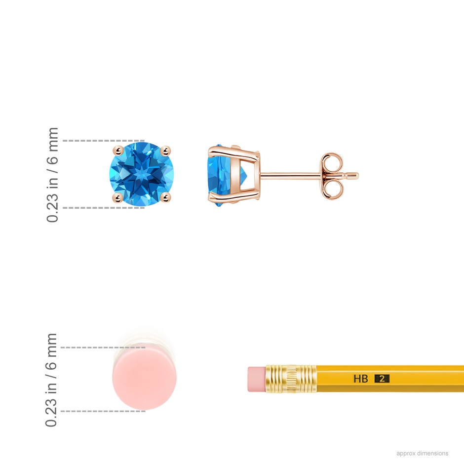 6mm AAAA Basket-Set Round Swiss Blue Topaz Studs in Rose Gold ruler