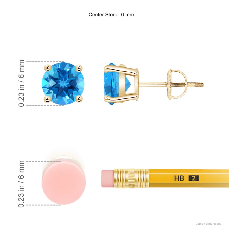 6mm AAAA Basket-Set Round Swiss Blue Topaz Studs in Yellow Gold ruler