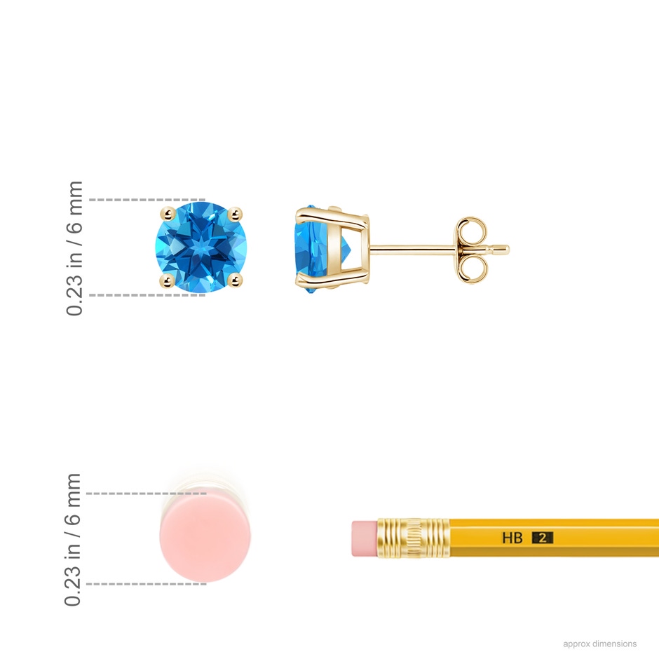 6mm AAAA Basket-Set Round Swiss Blue Topaz Studs in Yellow Gold ruler