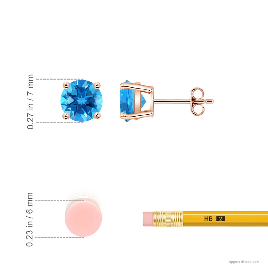 7mm AAAA Basket-Set Round Swiss Blue Topaz Studs in Rose Gold ruler