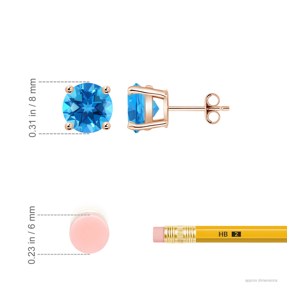 8mm AAAA Basket-Set Round Swiss Blue Topaz Studs in 18K Rose Gold ruler