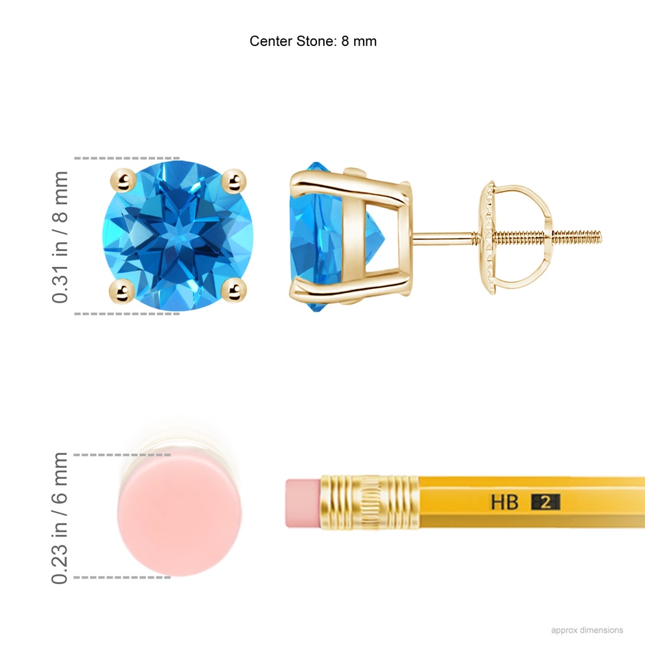 8mm AAAA Basket-Set Round Swiss Blue Topaz Studs in Yellow Gold ruler