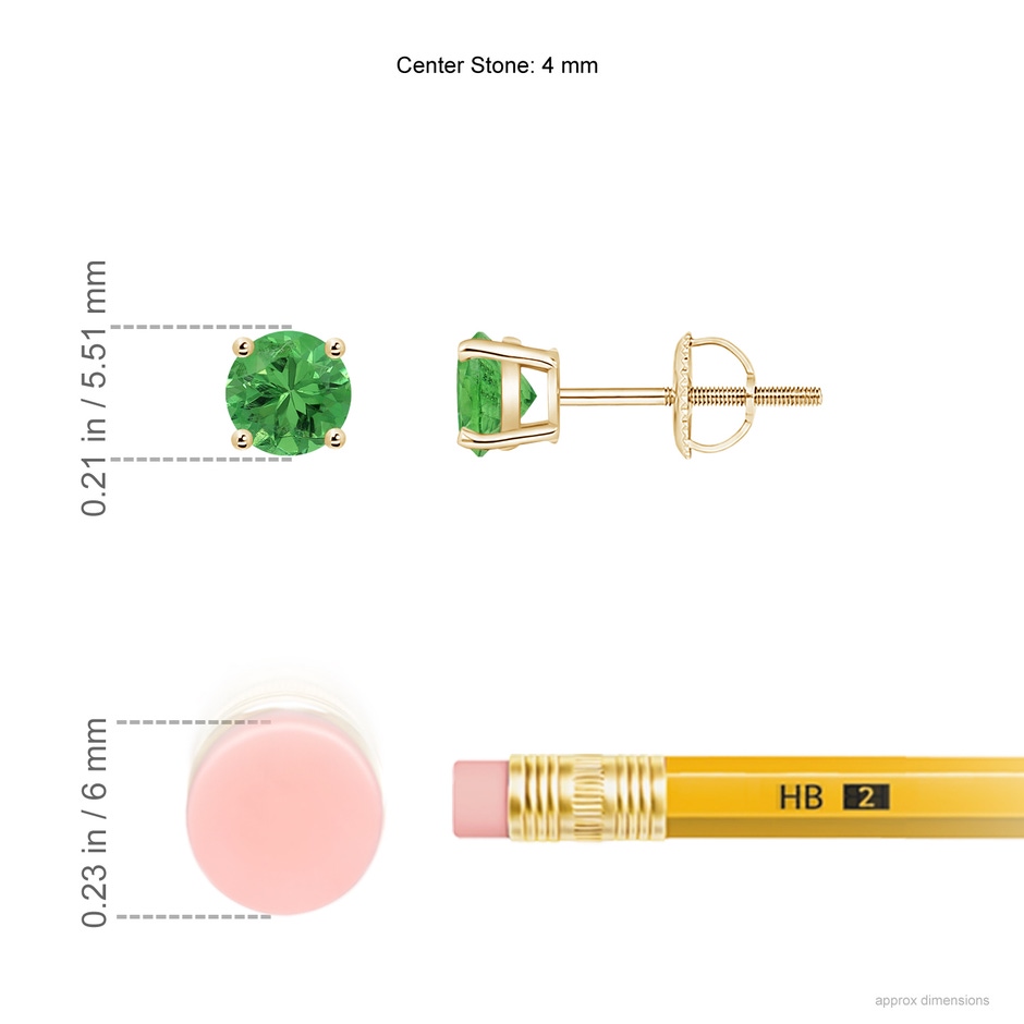 4mm AAA Basket-Set Round Tsavorite Studs in Yellow Gold ruler