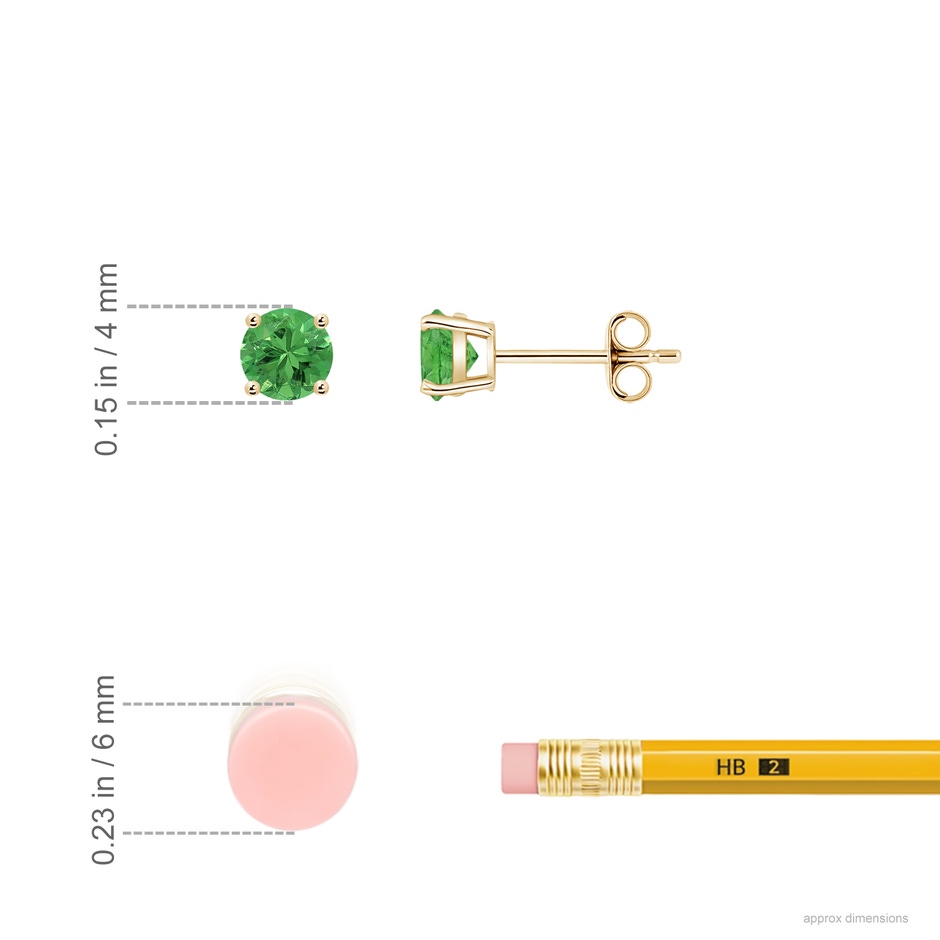 4mm AAA Basket-Set Round Tsavorite Studs in Yellow Gold ruler