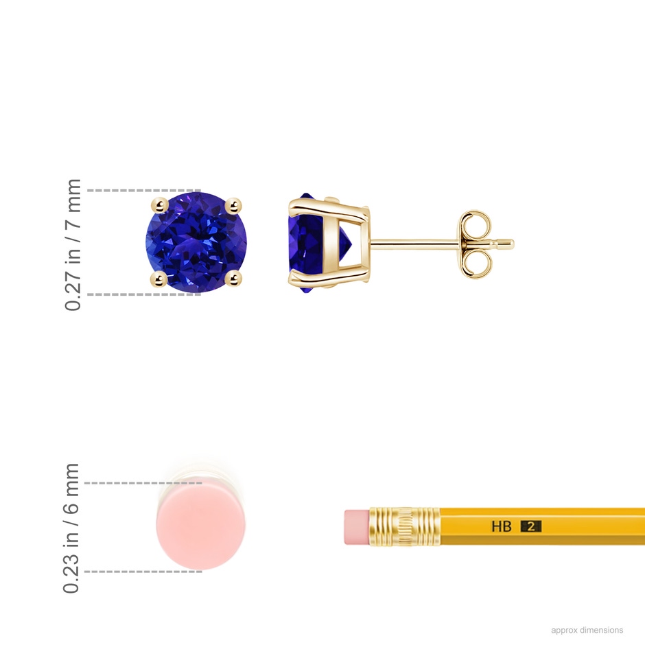 7mm AAAA Basket-Set Round Tanzanite Studs in Yellow Gold ruler