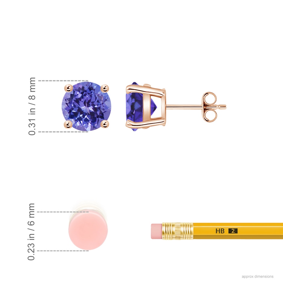 8mm AA Basket-Set Round Tanzanite Studs in Rose Gold ruler