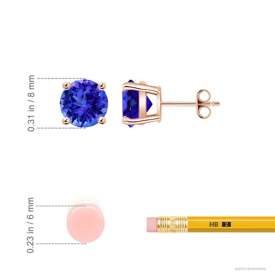8mm AAA Basket-Set Round Tanzanite Studs in Rose Gold ruler
