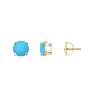 5mm AAA Basket-Set Round Turquoise Studs in Yellow Gold
