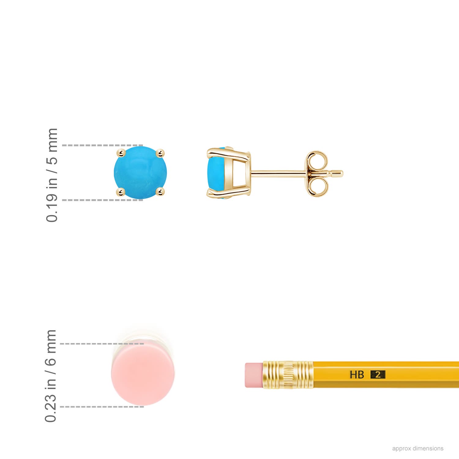 5mm AAAA Basket-Set Round Turquoise Studs in 18K Yellow Gold - ruler