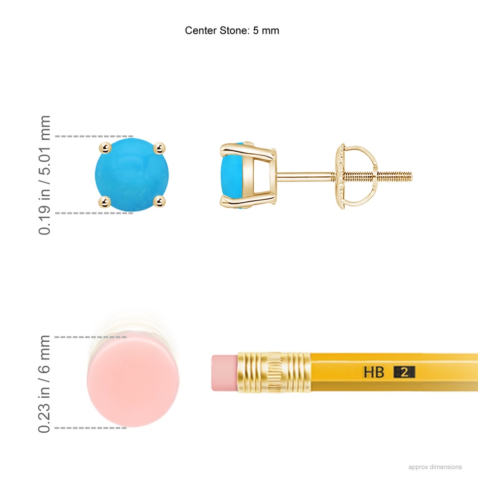 5mm AAAA Basket-Set Round Turquoise Studs in Yellow Gold ruler