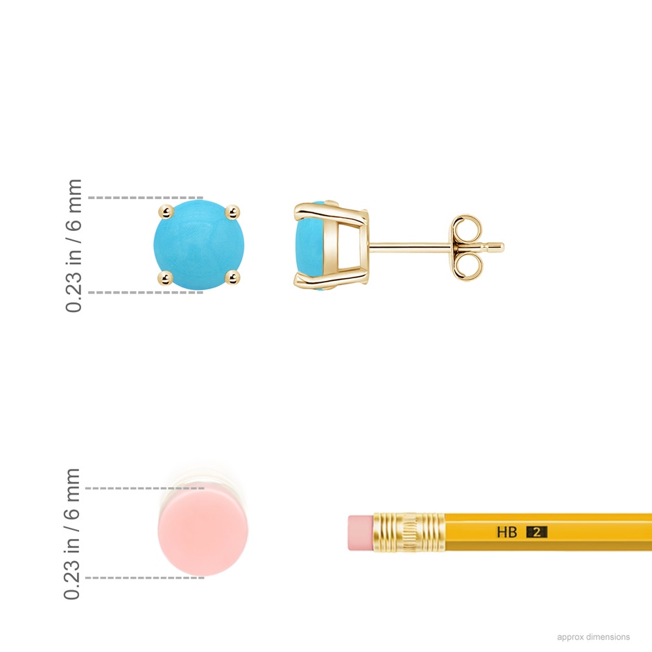 6mm AA Basket-Set Round Turquoise Studs in Yellow Gold ruler