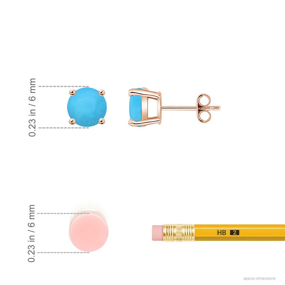 6mm AAA Basket-Set Round Turquoise Studs in Rose Gold ruler