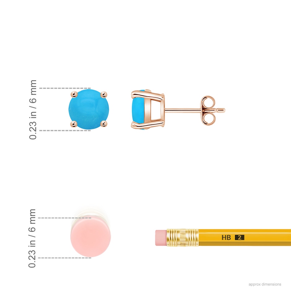6mm AAAA Basket-Set Round Turquoise Studs in Rose Gold ruler