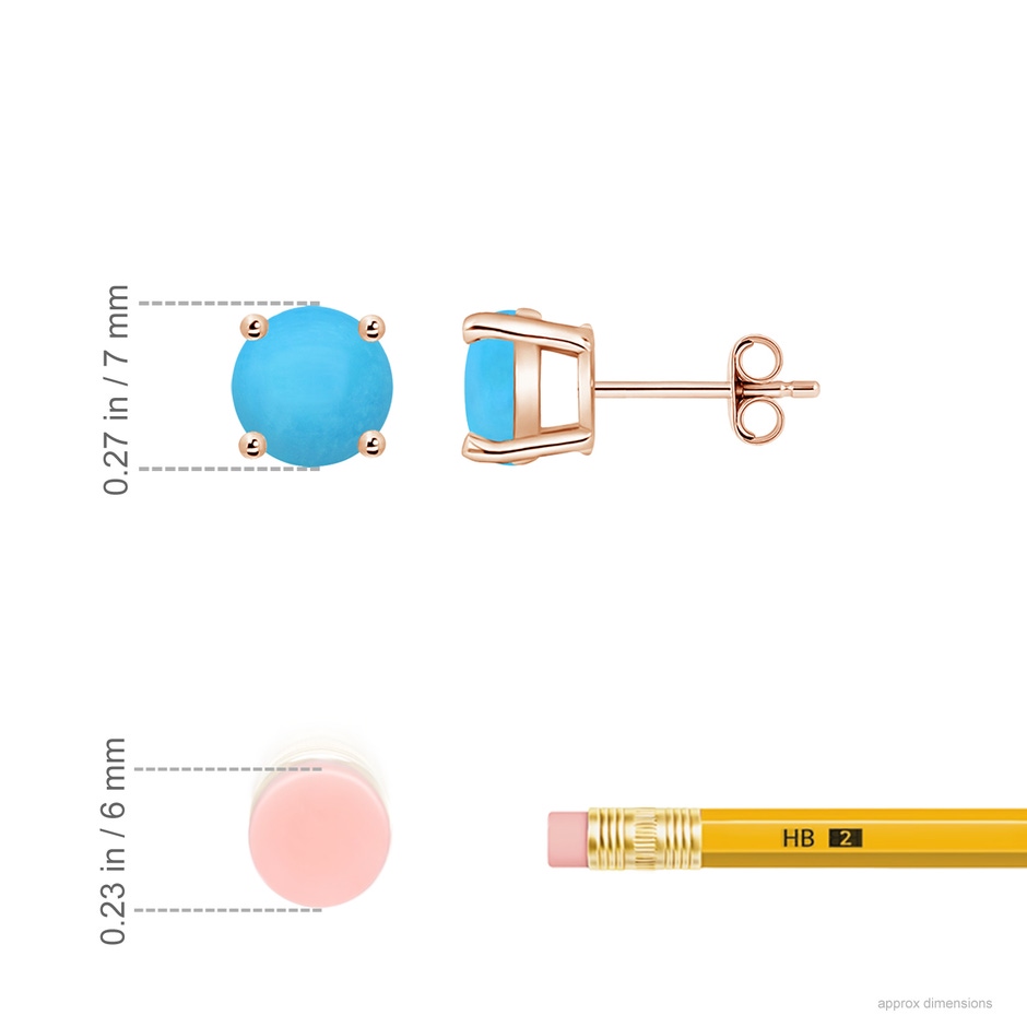 7mm AAA Basket-Set Round Turquoise Studs in Rose Gold ruler