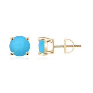 7mm AAA Basket-Set Round Turquoise Studs in Yellow Gold