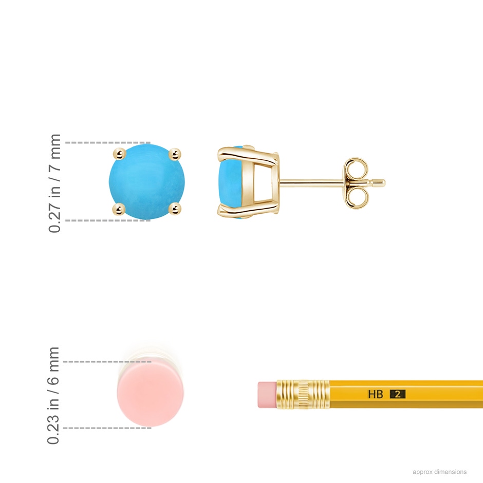 7mm AAA Basket-Set Round Turquoise Studs in Yellow Gold ruler
