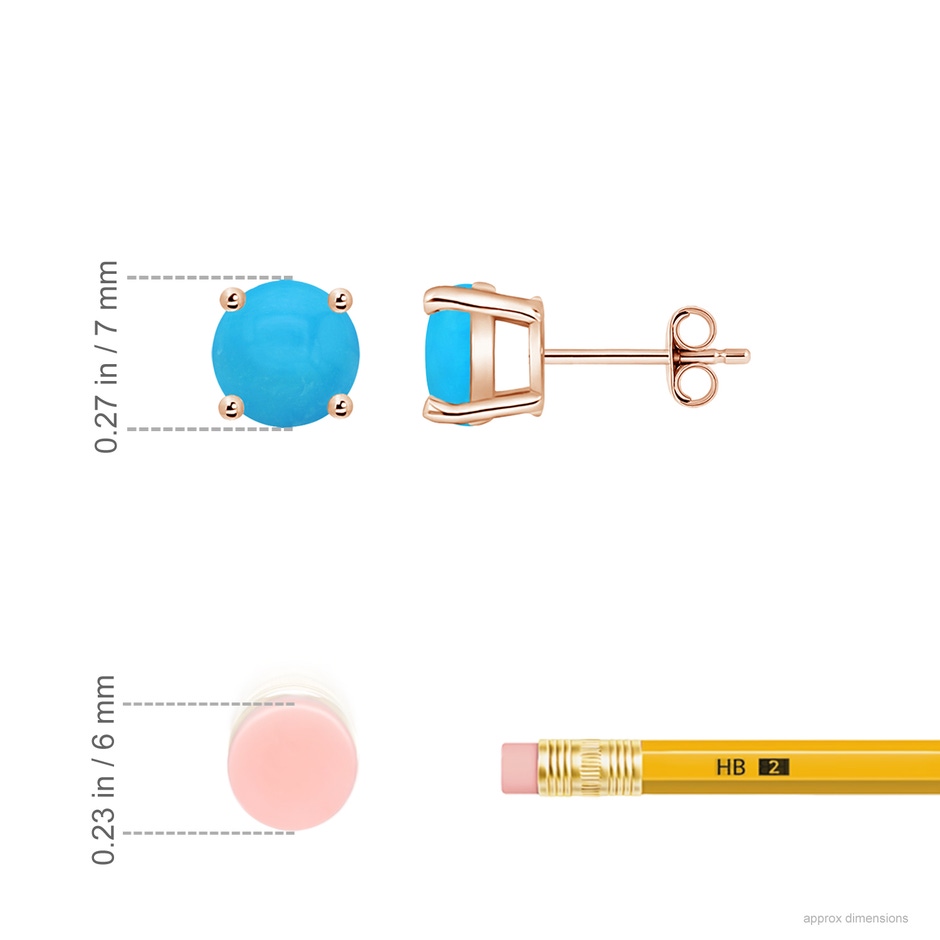 7mm AAAA Basket-Set Round Turquoise Studs in Rose Gold ruler