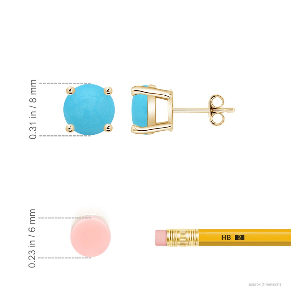 8mm AA Basket-Set Round Turquoise Studs in Yellow Gold ruler