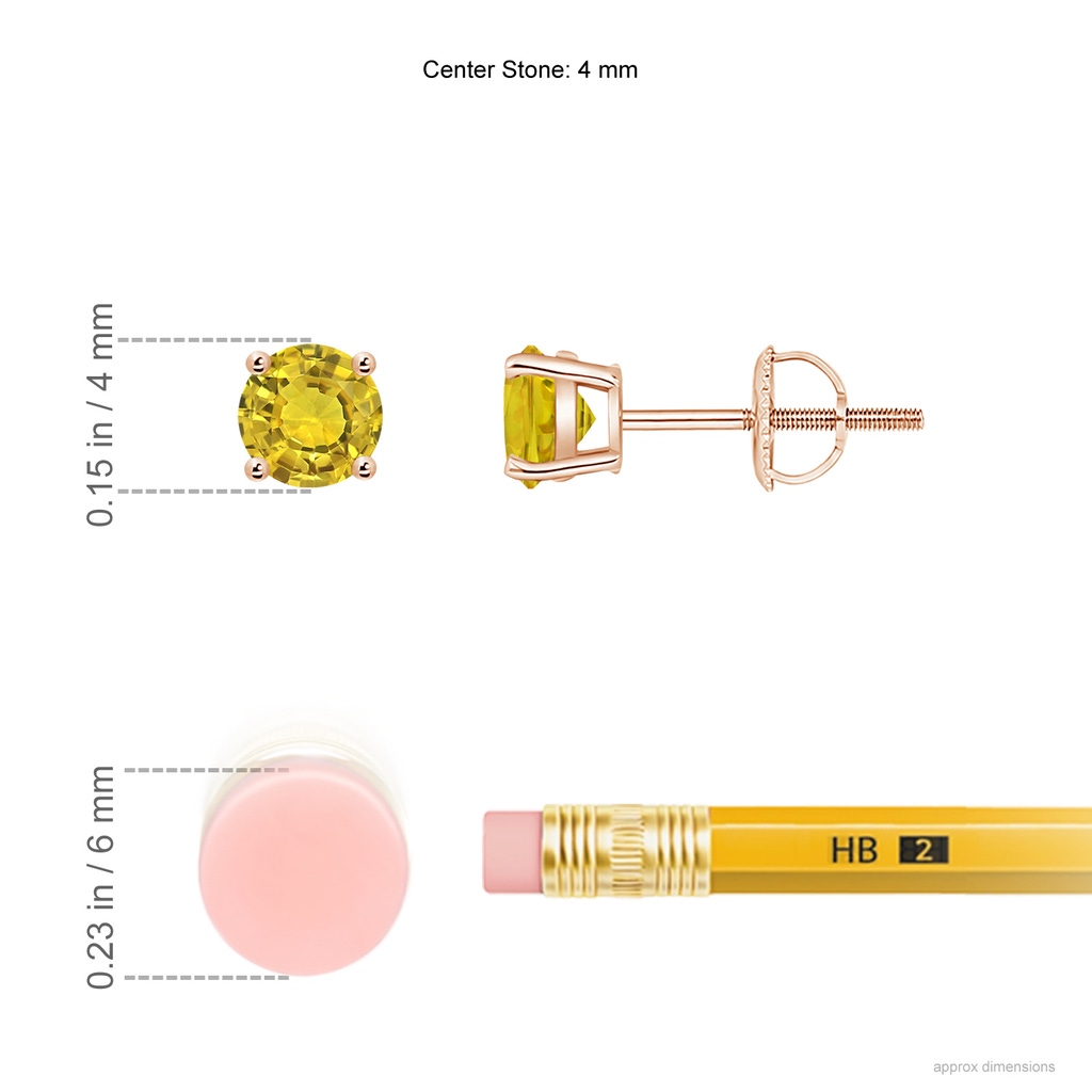 4mm AAAA Basket-Set Round Yellow Sapphire Studs in Rose Gold Ruler