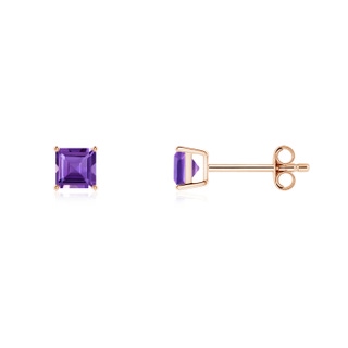 4mm AAA Classic Basket-Set Square Amethyst Stud Earrings in Rose Gold