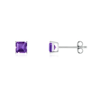 4mm AAA Classic Basket-Set Square Amethyst Stud Earrings in White Gold