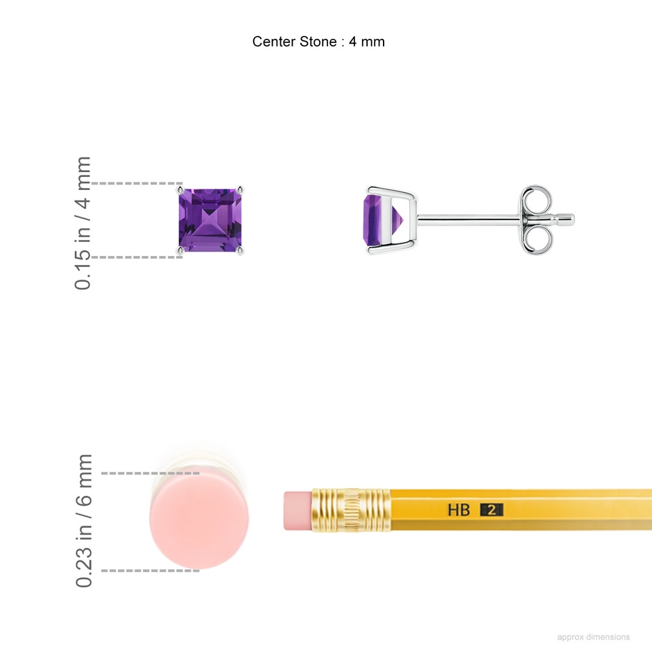 4mm AAAA Classic Basket-Set Square Amethyst Stud Earrings in S999 Silver ruler