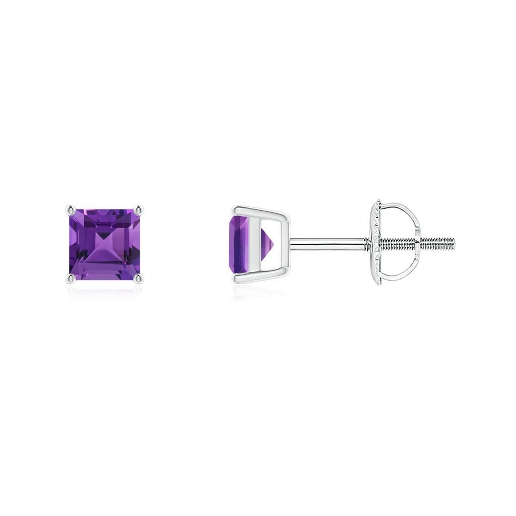 4mm AAAA Classic Basket-Set Square Amethyst Stud Earrings in White Gold