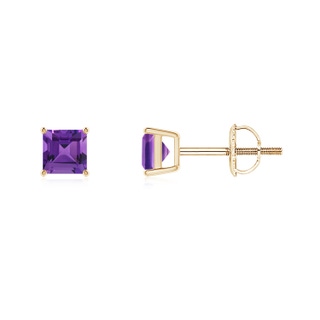 4mm AAAA Classic Basket-Set Square Amethyst Stud Earrings in Yellow Gold