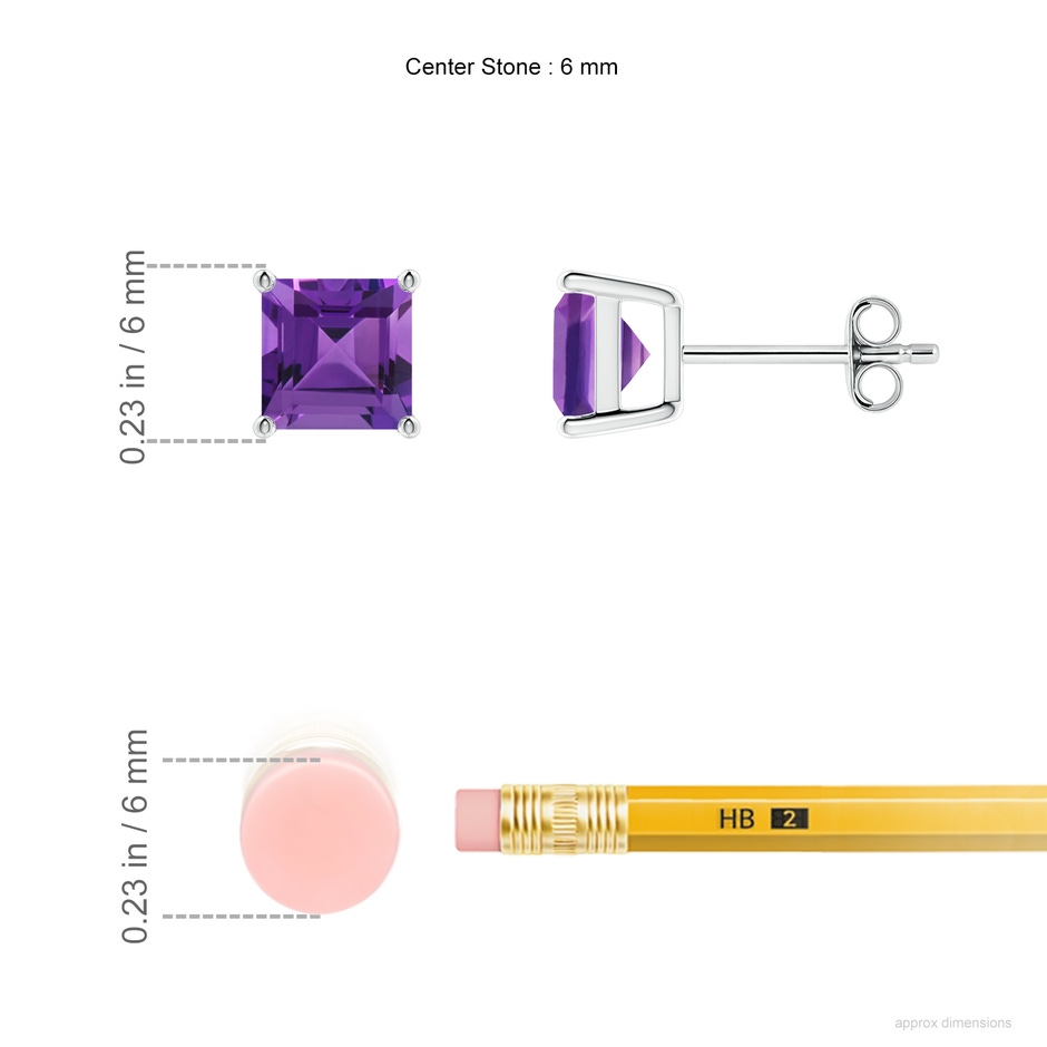 6mm AAAA Classic Basket-Set Square Amethyst Stud Earrings in 18K White Gold ruler