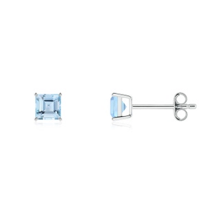 4mm AAA Classic Basket-Set Square Aquamarine Stud Earrings in 9K White Gold