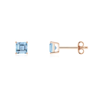 4mm AAAA Classic Basket-Set Square Aquamarine Stud Earrings in Rose Gold