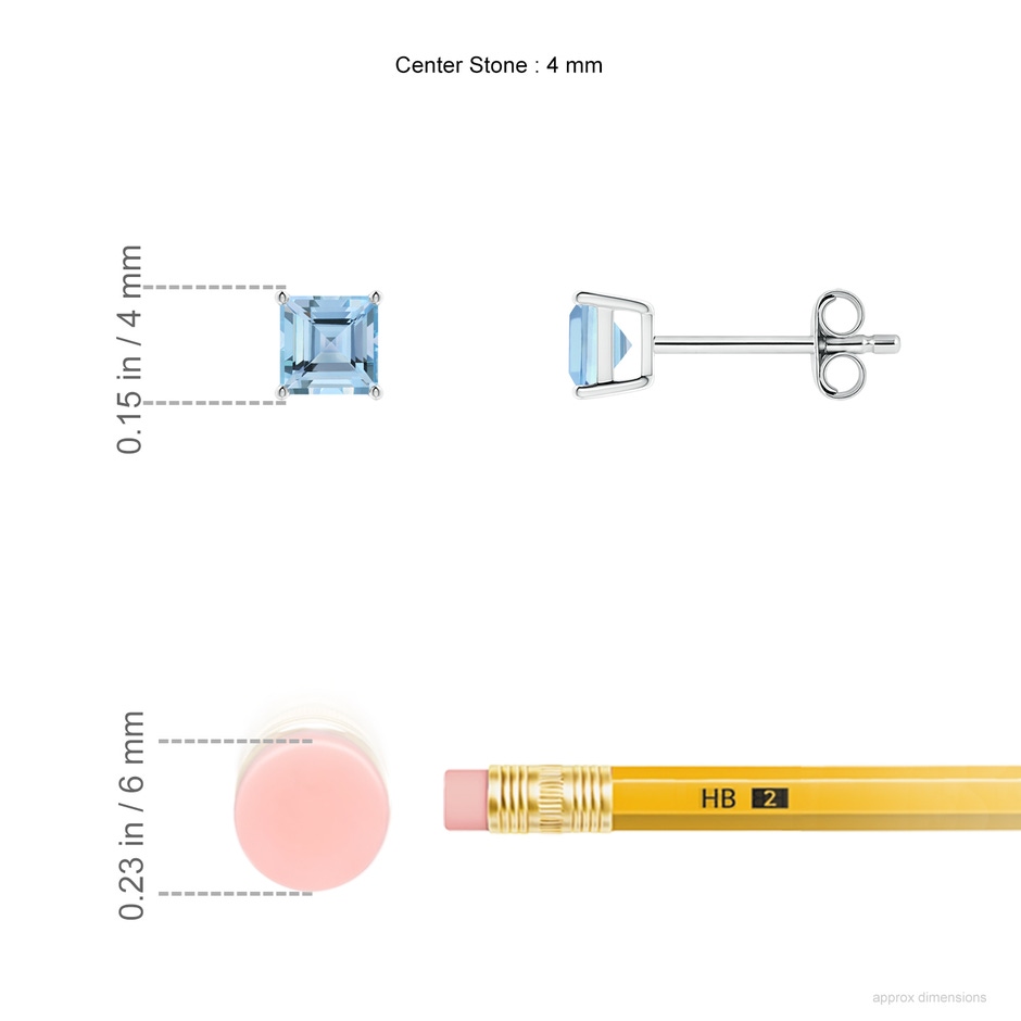 4mm AAAA Classic Basket-Set Square Aquamarine Stud Earrings in S999 Silver ruler