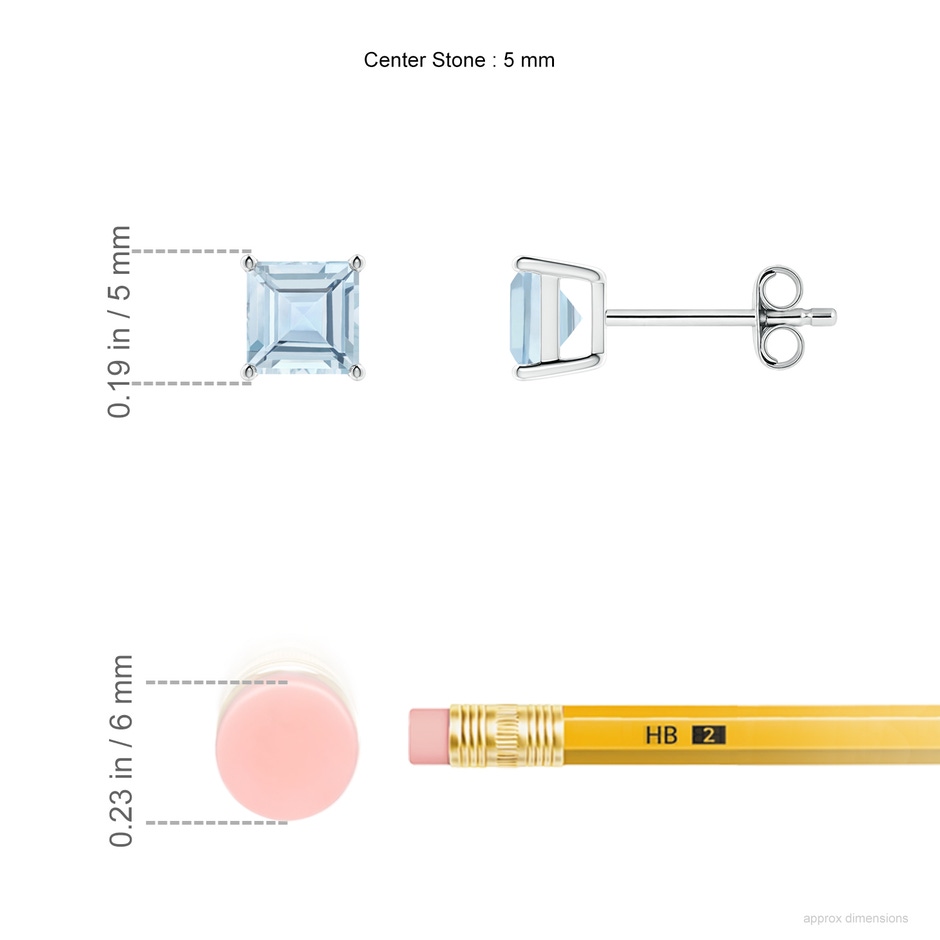 5mm AA Classic Basket-Set Square Aquamarine Stud Earrings in S999 Silver ruler