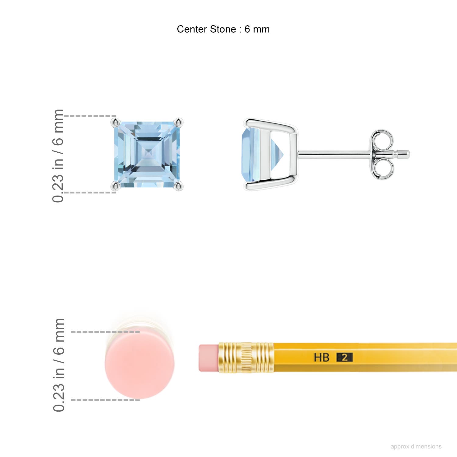 6mm AAAA Classic Basket-Set Square Aquamarine Stud Earrings in White Gold - ruler